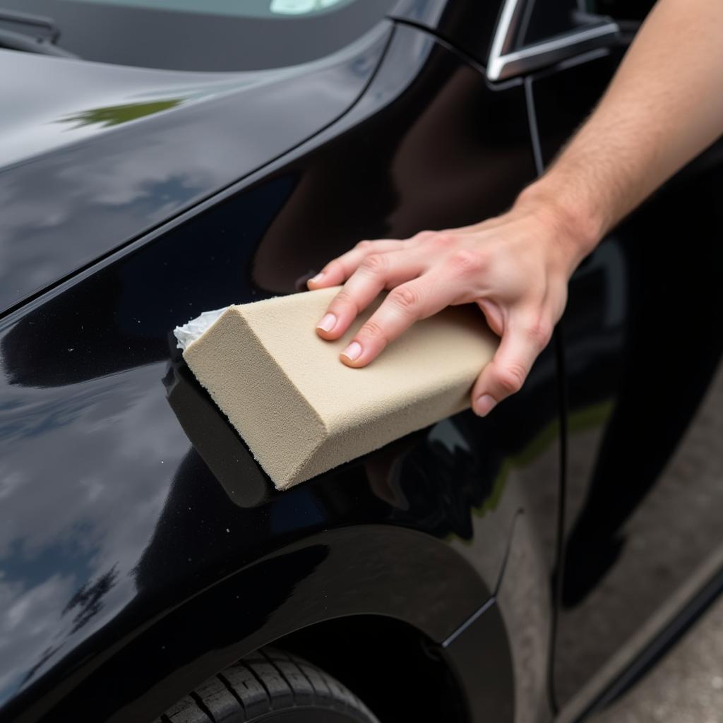 Decontaminating a black car paint with a clay bar