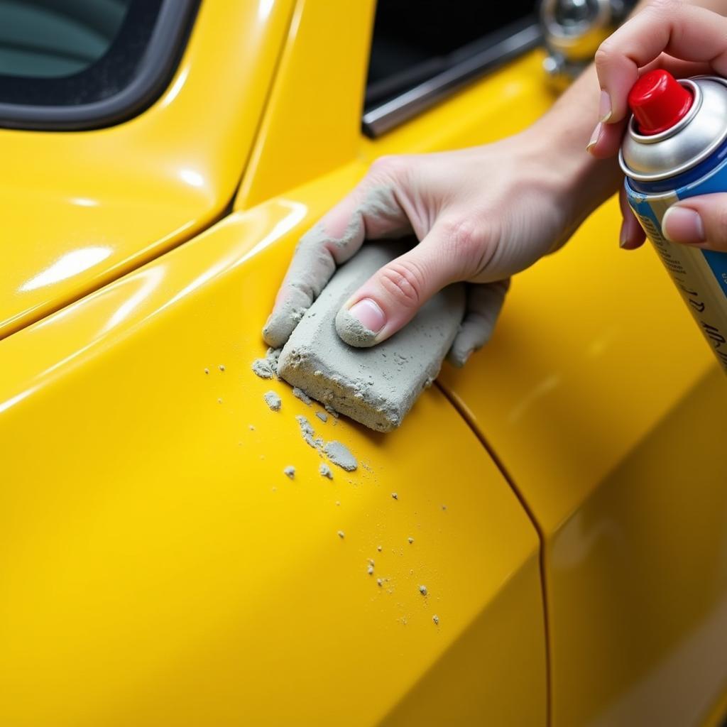 Clay bar decontamination process on a yellow car door