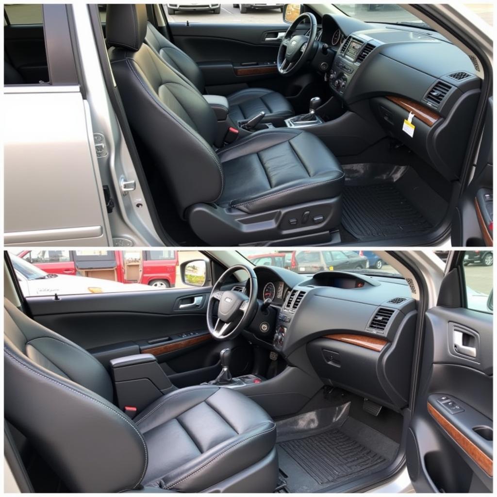 Clean Car Interior: A pristine car interior showcasing spotless leather seats, a gleaming dashboard, and a perfectly vacuumed floor mat, highlighting the results of professional car detailing.