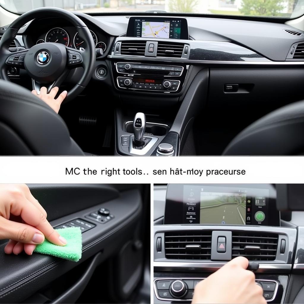 Cleaning Car Dashboard and Console: Close-up view of a person meticulously cleaning the car's dashboard and center console using a detailing brush and all-purpose cleaner.