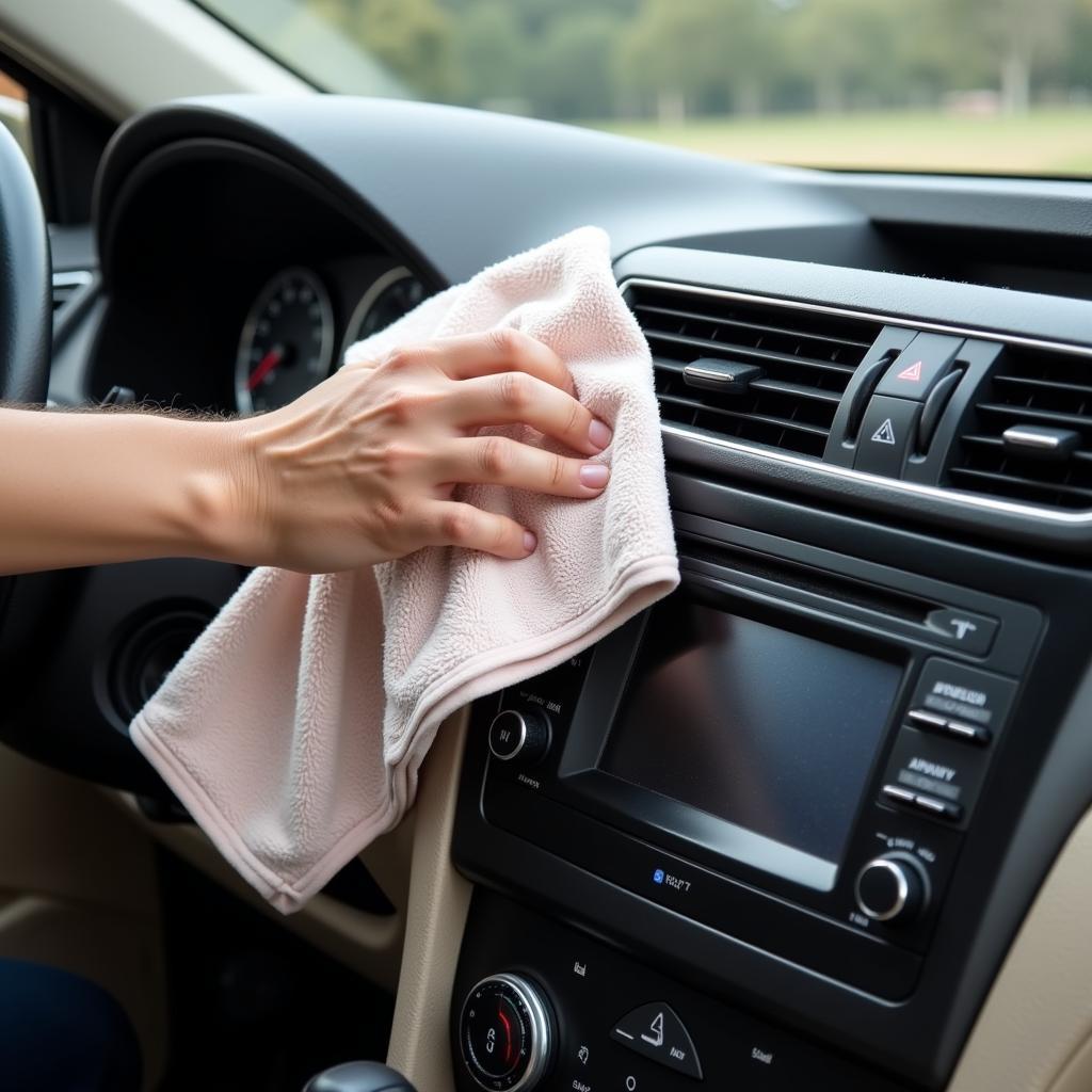 Cleaning the car dashboard with a microfiber towel and cleaning solution during an interior detailing process.