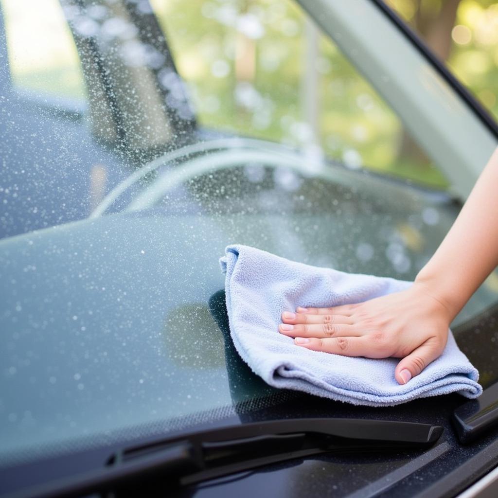 Cleaning the car's interior glass with a microfiber cloth and glass cleaner as part of a detailing service.