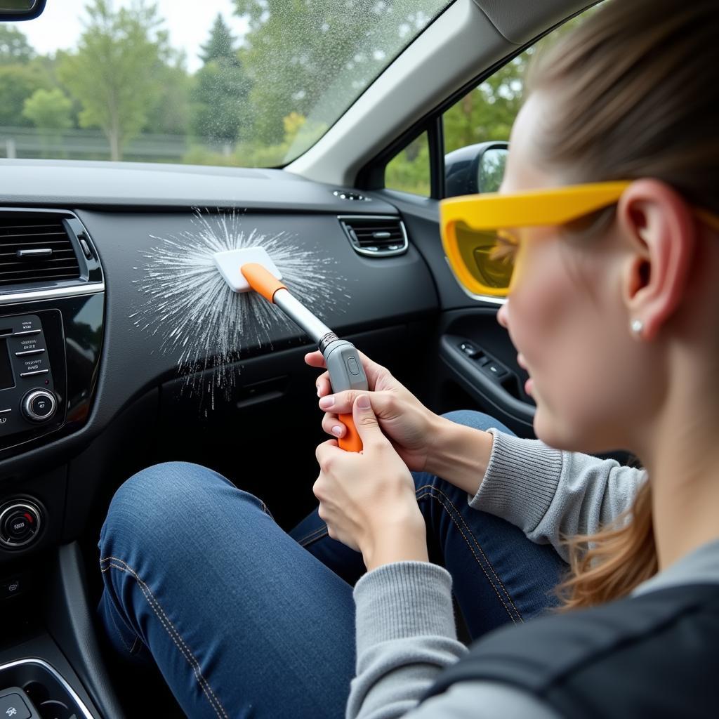 Detailing car interior using a tornado gun on the dashboard