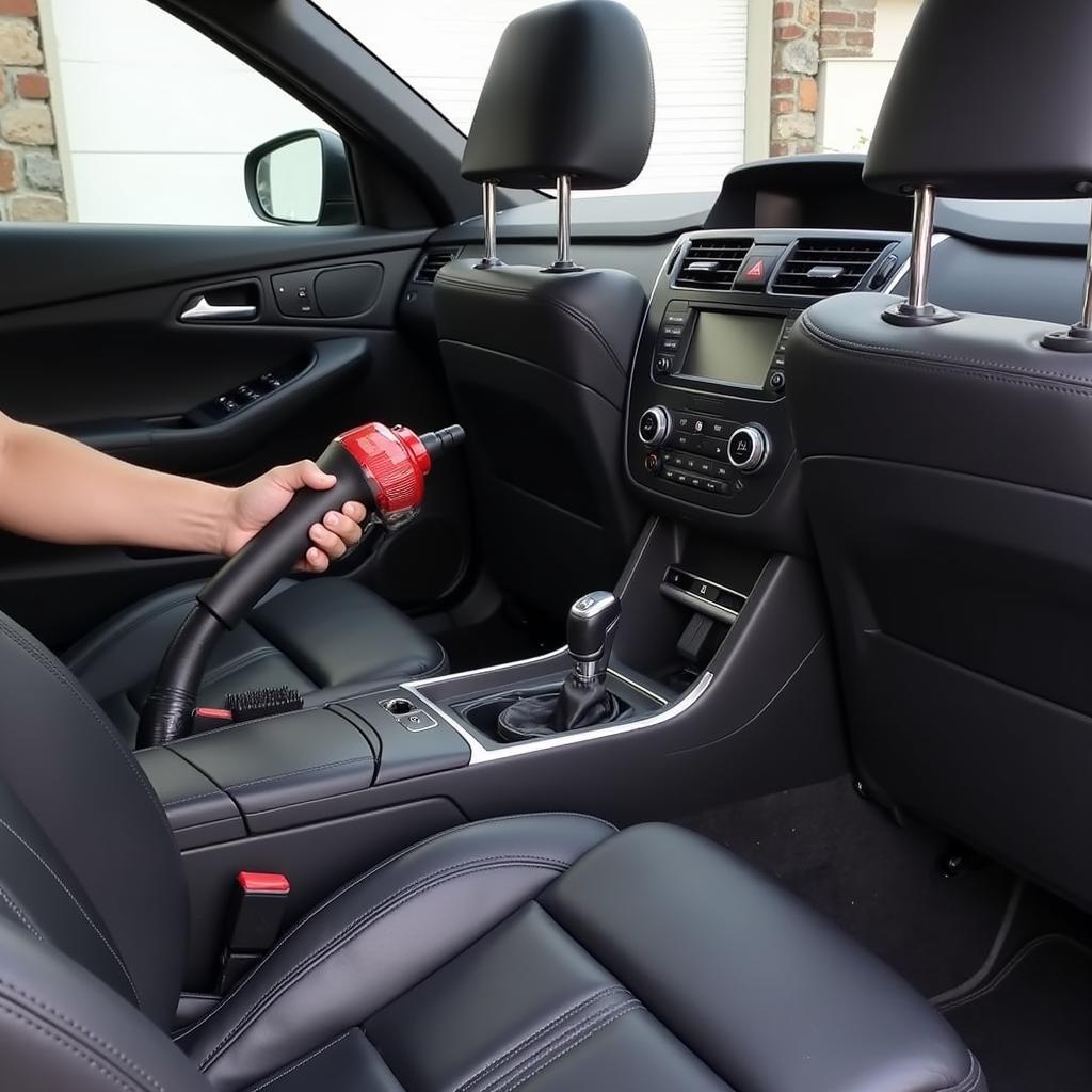 Cleaning Car Interior with Vacuum Cleaner and Detailing Brush