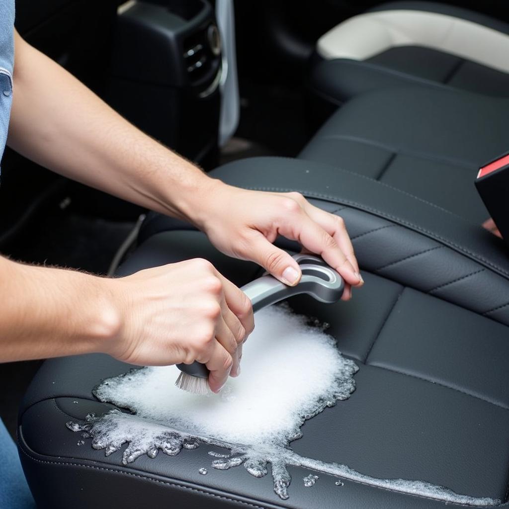 Cleaning Car Seats with Brush and Cleaner