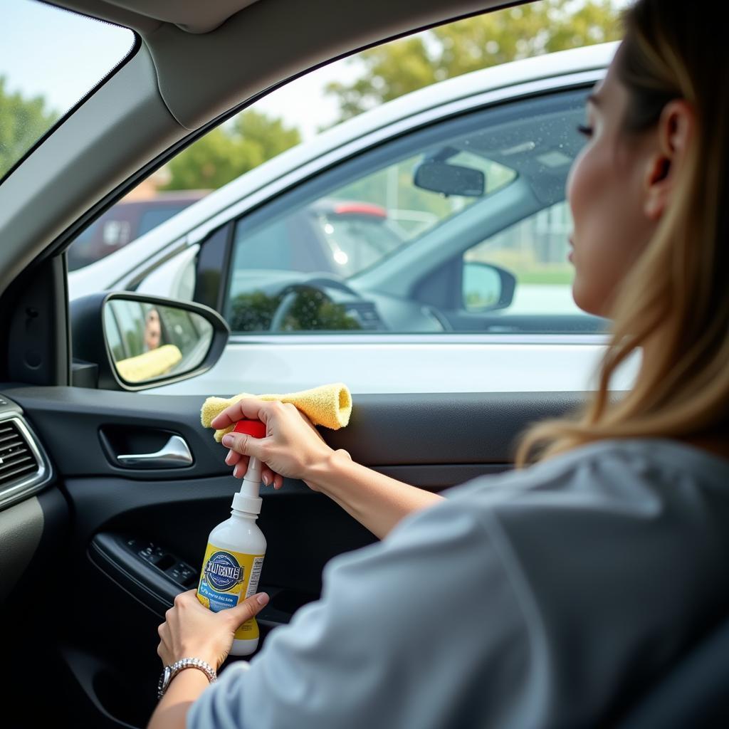 Cleaning car windows and mirrors with glass cleaner and microfiber cloth for a streak-free finish.