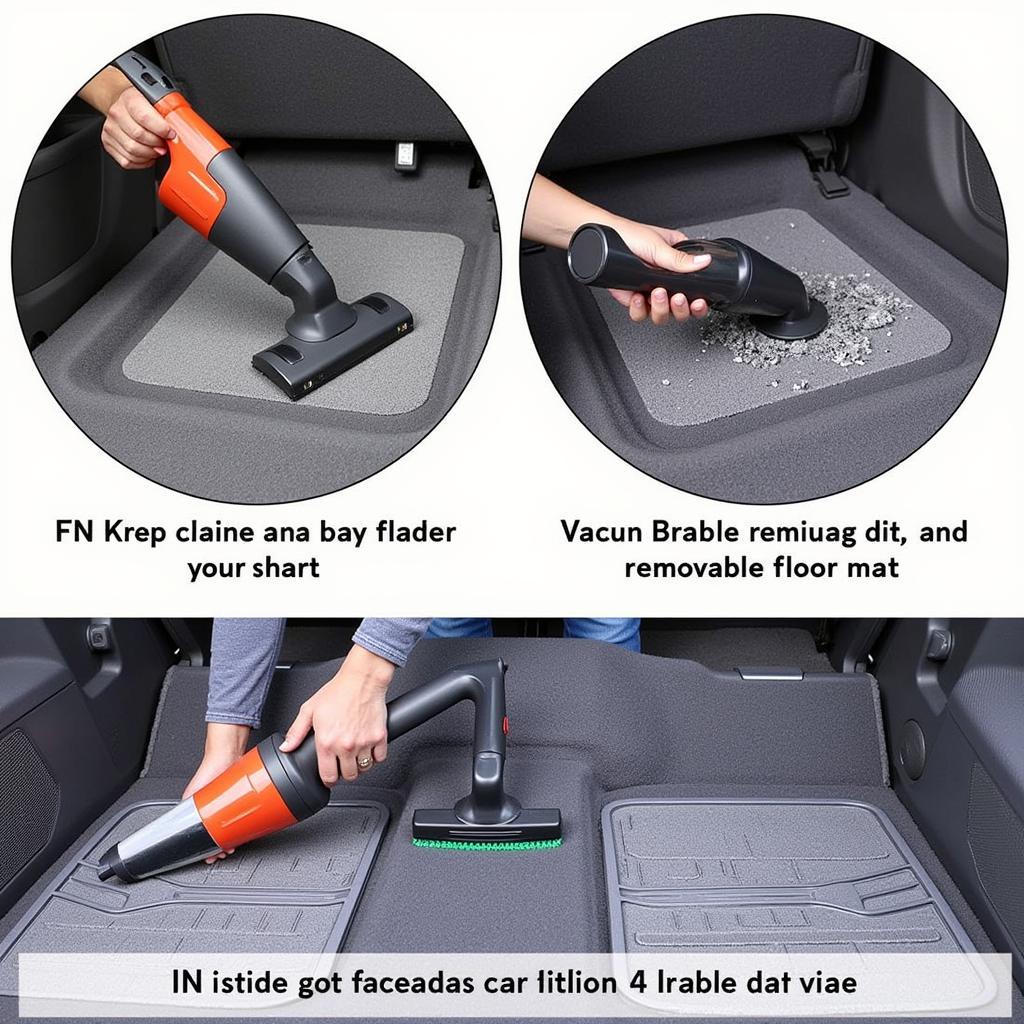 Cleaning car carpets and floor mats with a vacuum cleaner and brush