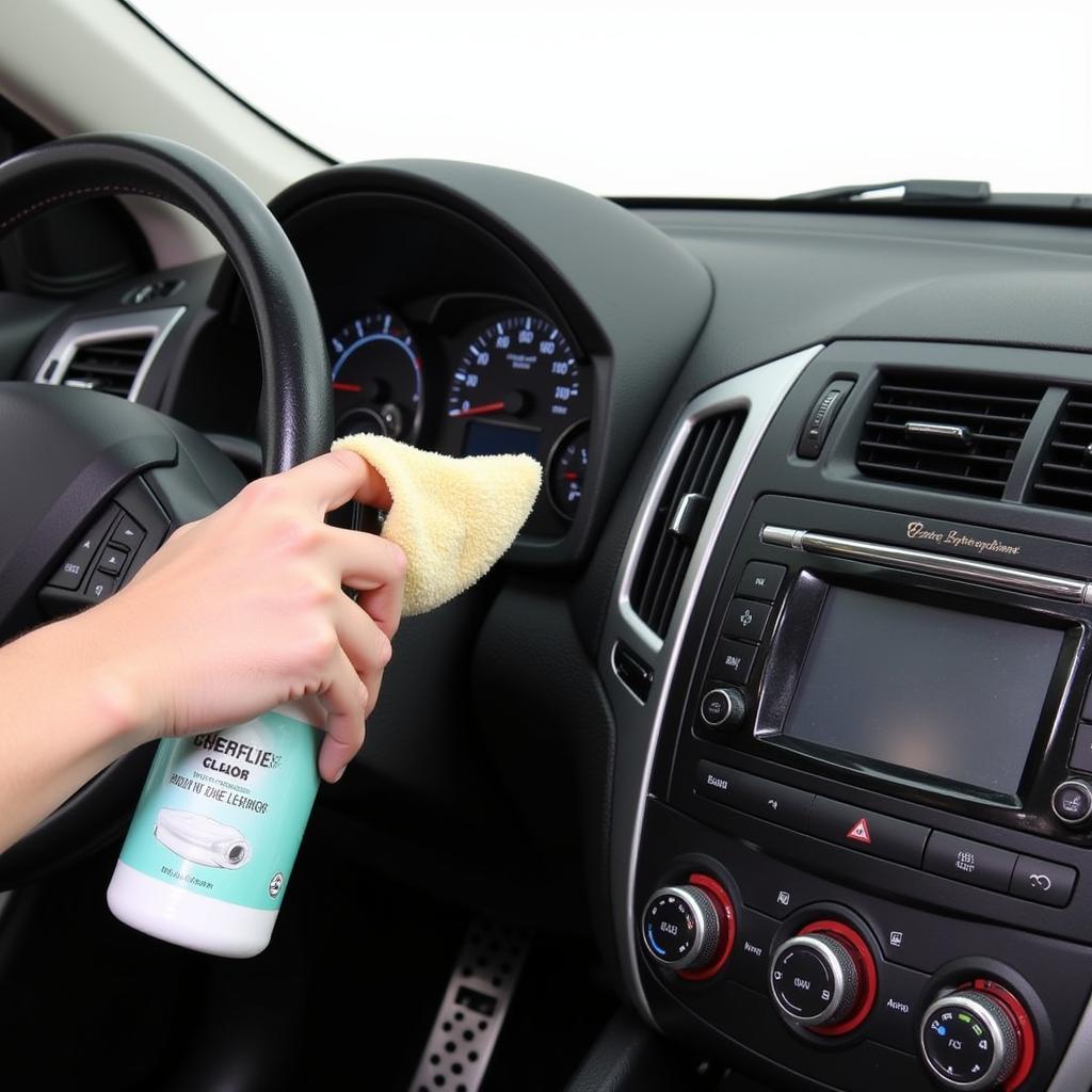 Cleaning Car Dashboard and Console with Microfiber Towel and Cleaner