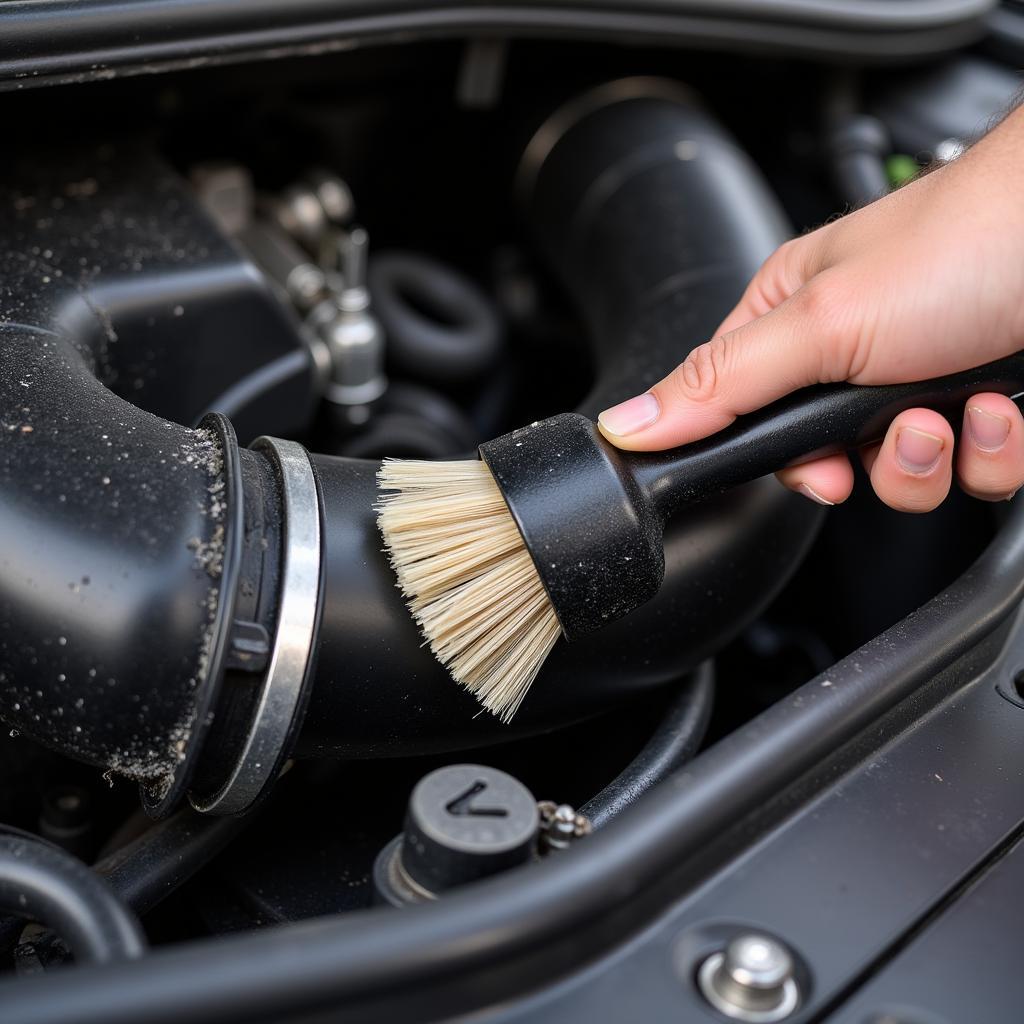 Cleaning engine hoses with a detailing brush