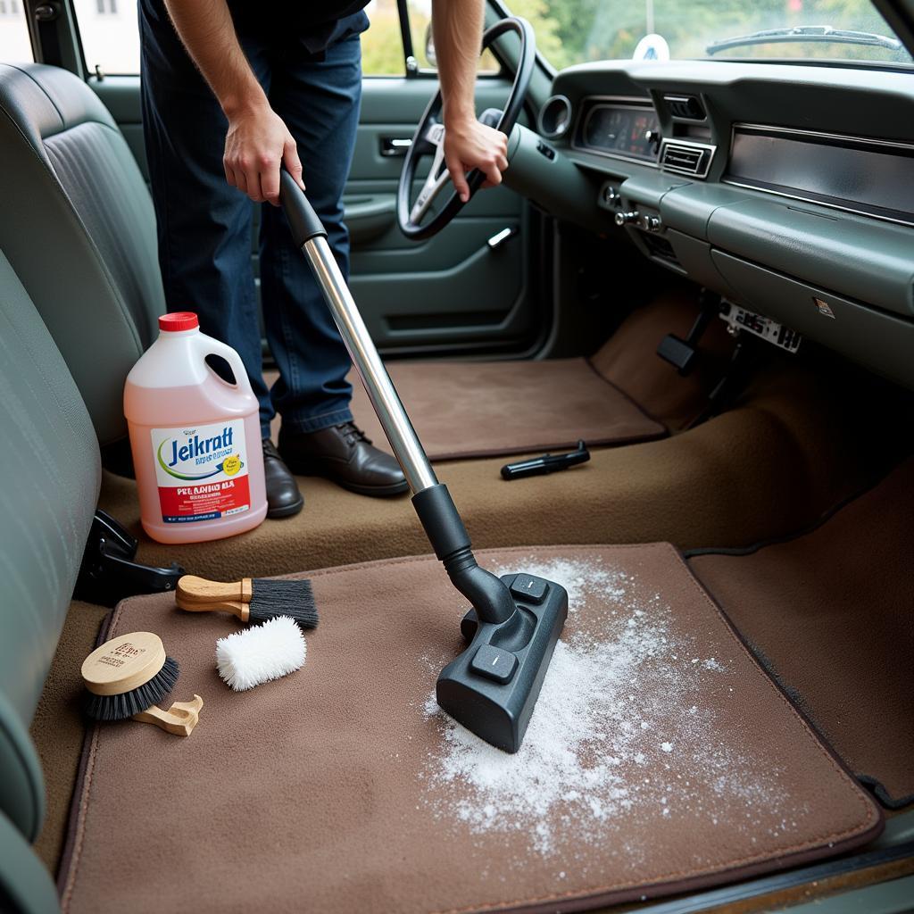 Cleaning the interior of an old car involves vacuuming, shampooing carpets and upholstery, and conditioning leather.