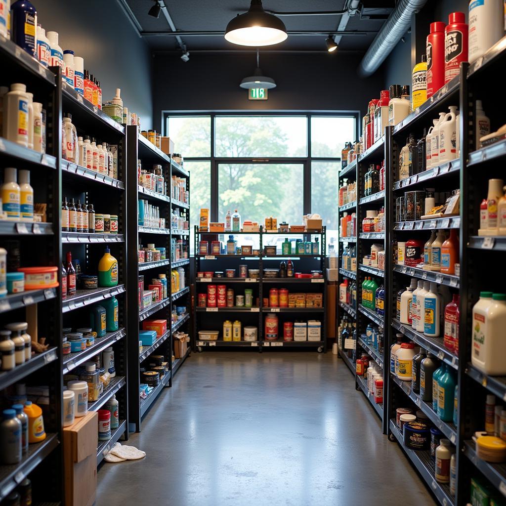 A wide array of car detailing products on shelves in a well-stocked store