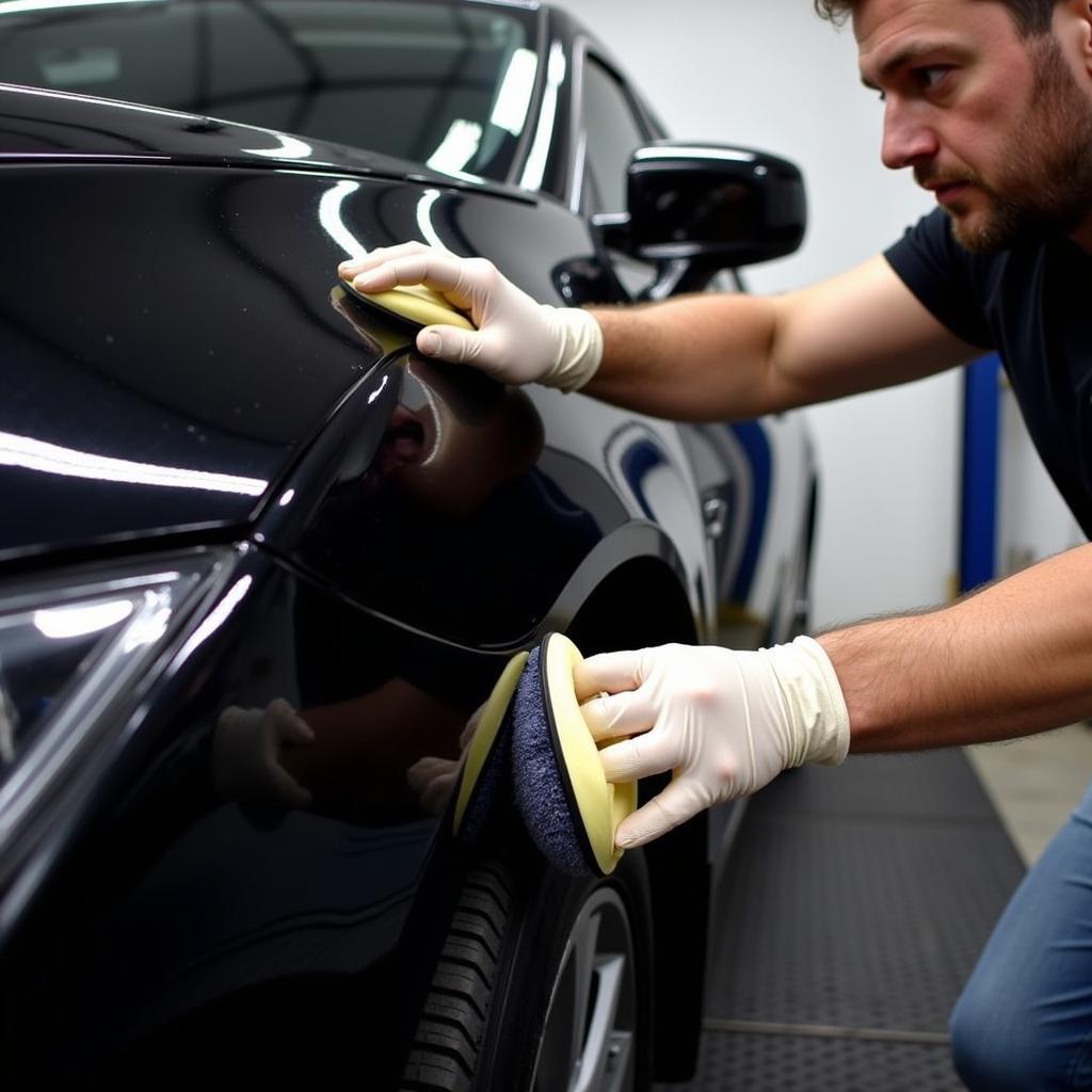 Connecticut Car Detailing Services: A professional detailer applying ceramic coating to a car's paint.