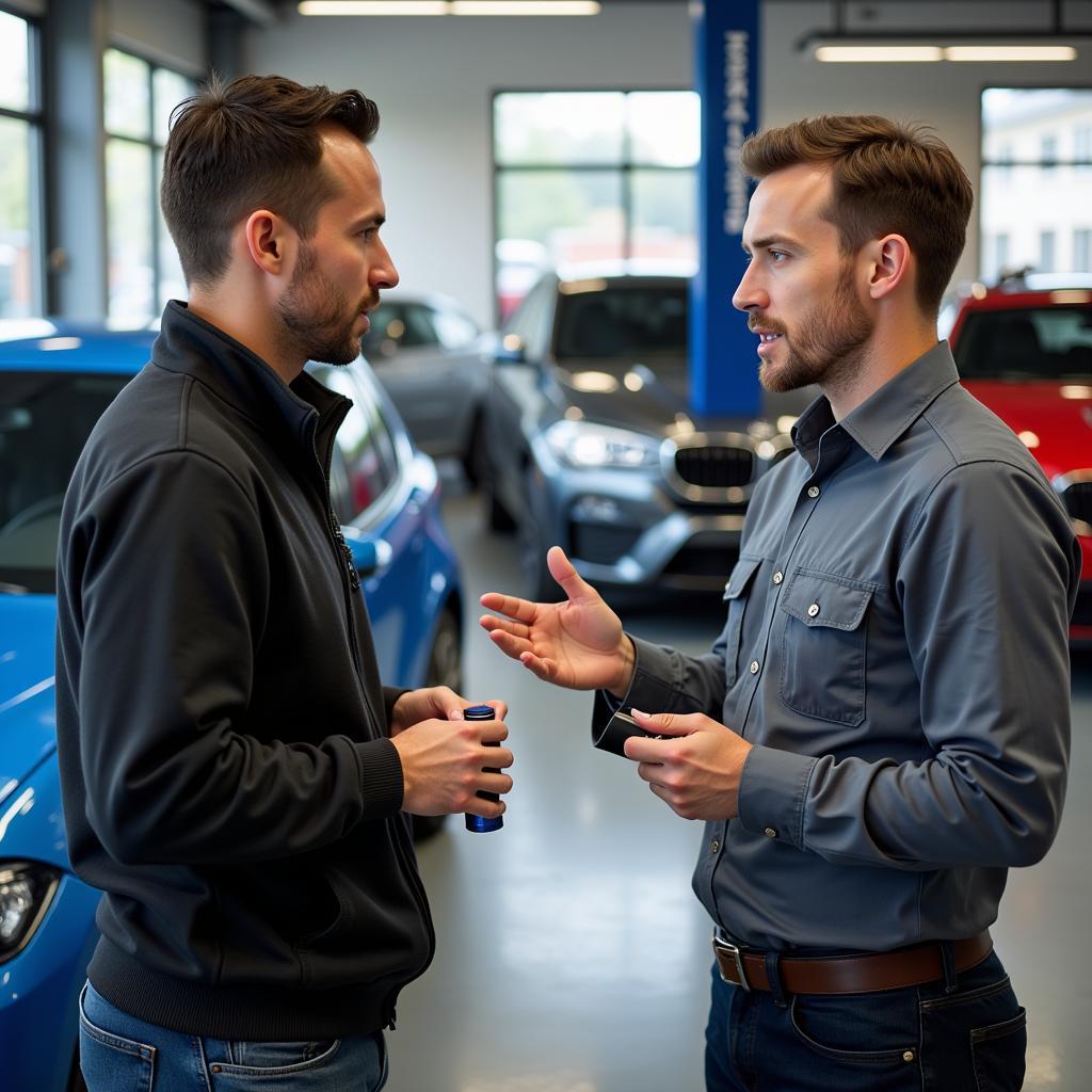 Customer Discussing Car Detailing Services with Expert