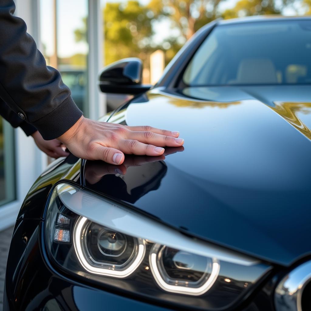 Customer Examining a Detailed Used Car