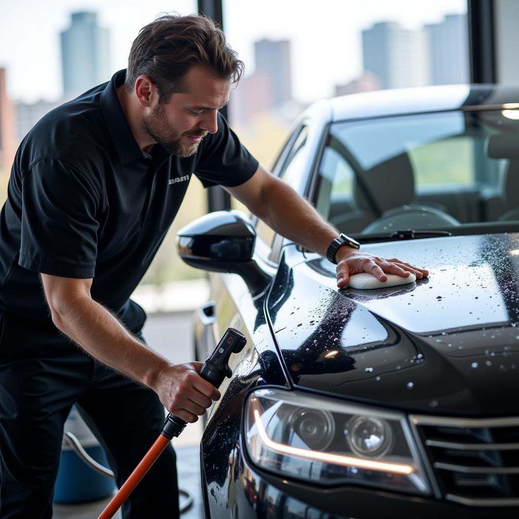 Professional car detailer washing a car exterior in Denver