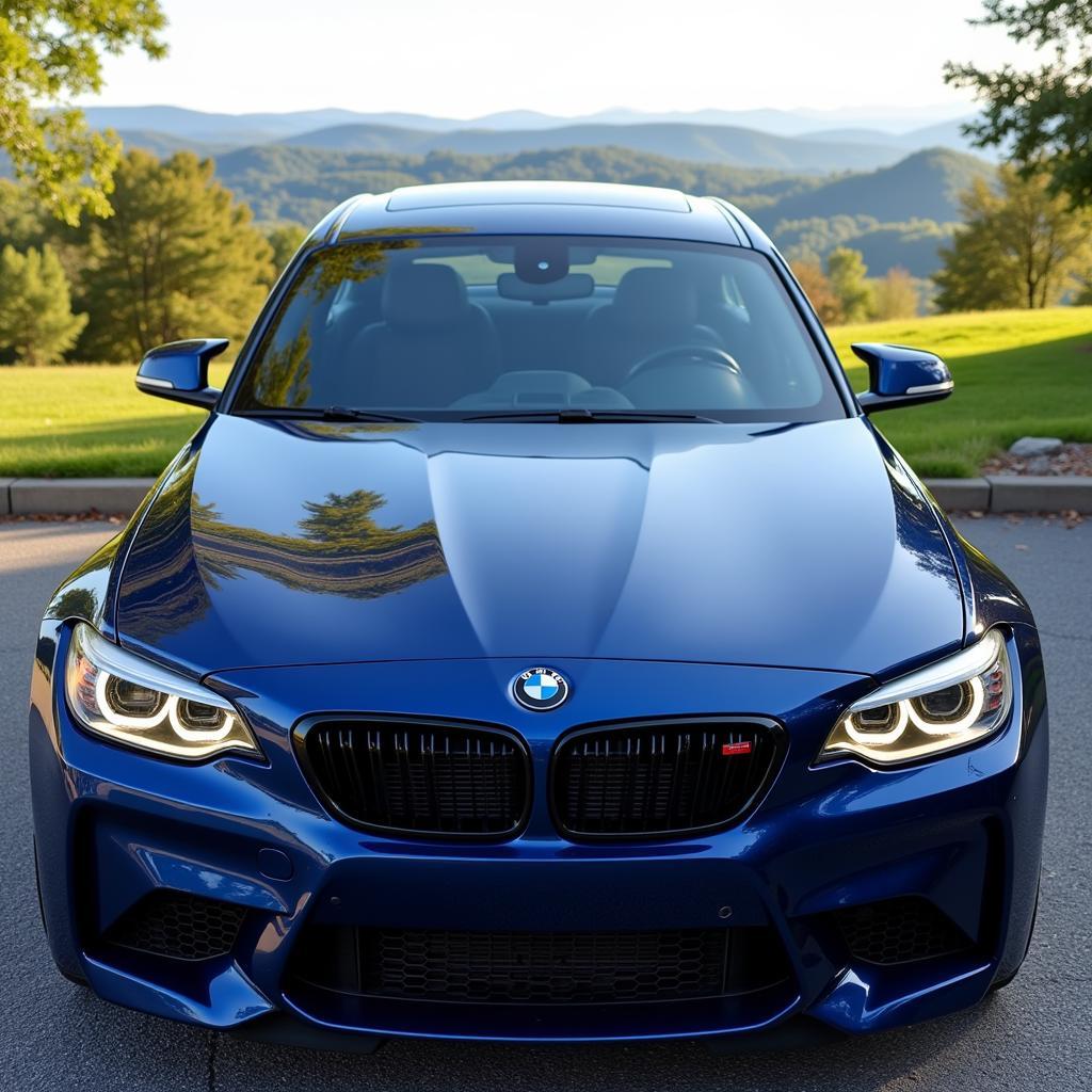 A pristine, detailed car parked amidst the scenic beauty of Blue Hill, Maine