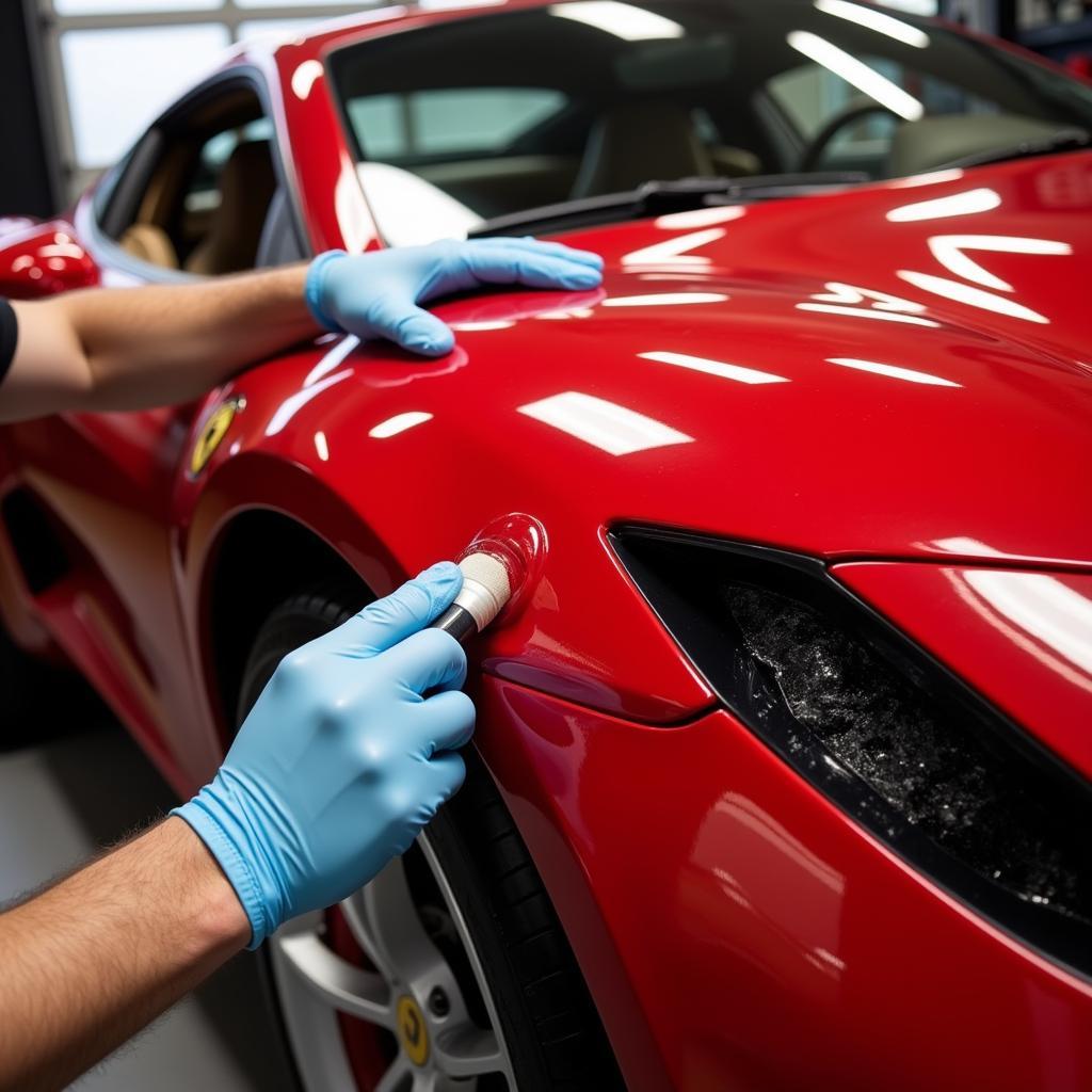 Detailer Applying Ceramic Coating to Luxury Car