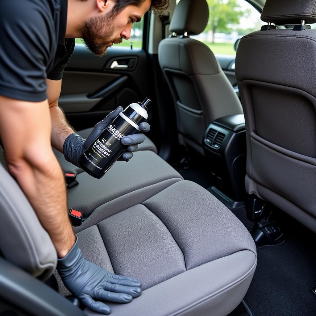 Detailer Applying Skunk Odor Remover to Car Interior