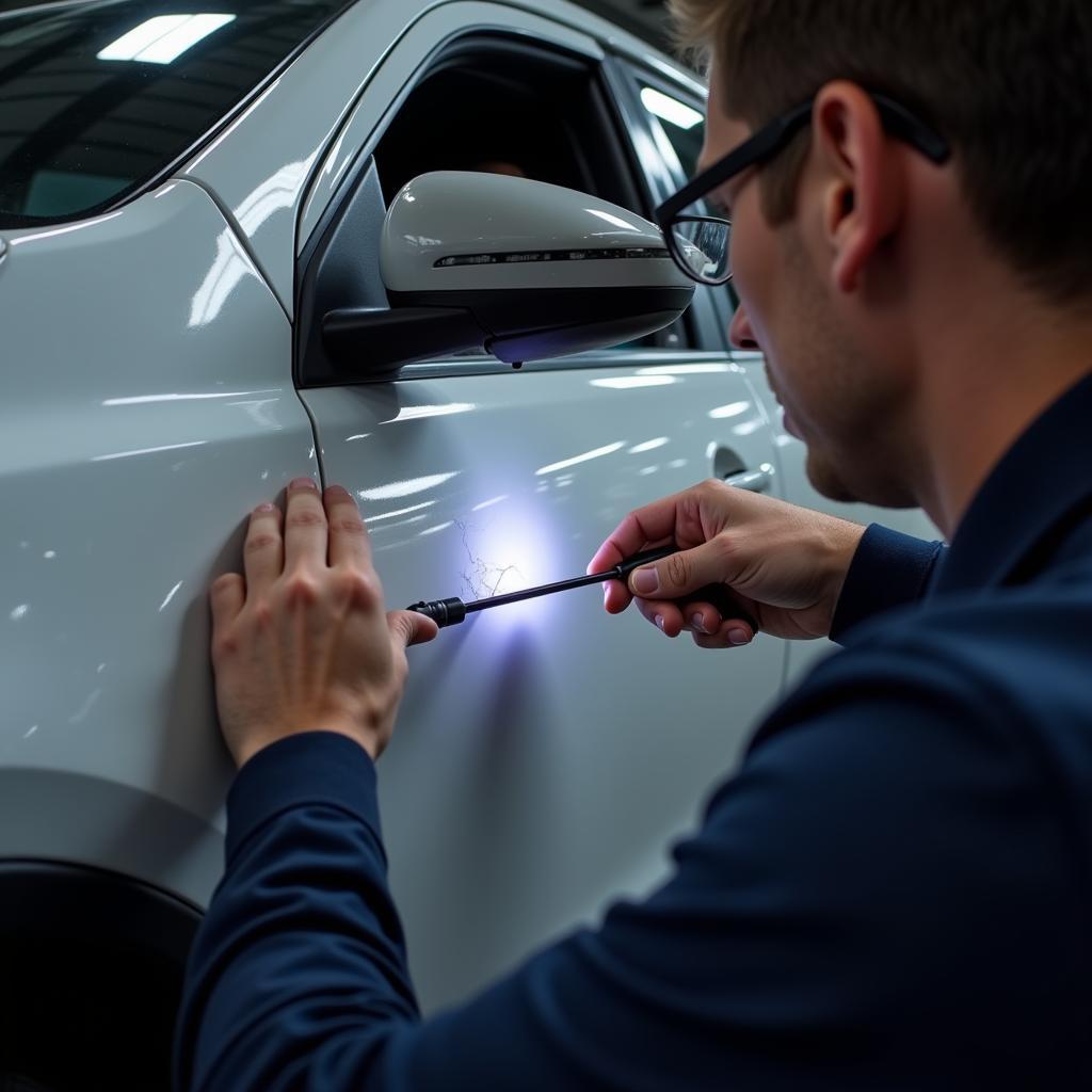 Detailer Assessing Car Scratch Depth and Damage