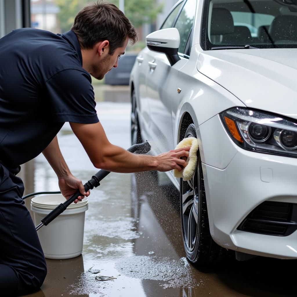 Detailer Cleaning Car Exterior with Specialized Tools