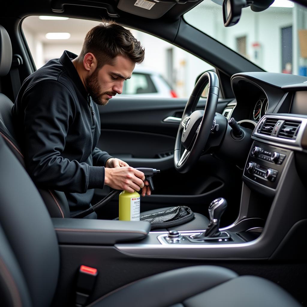 Professional detailer meticulously cleaning a car interior