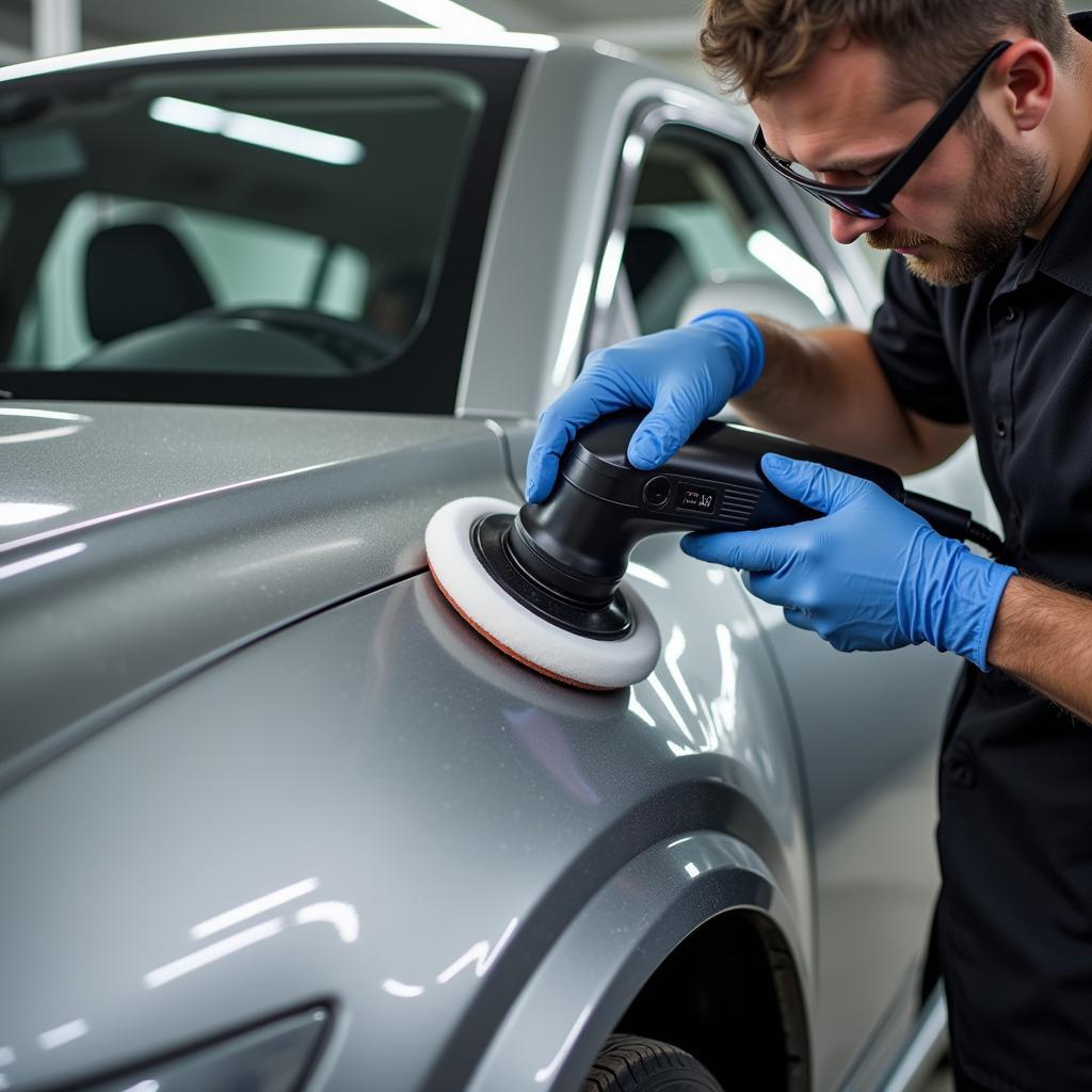 Professional Detailer Polishing a Silver Car with a Machine Polisher