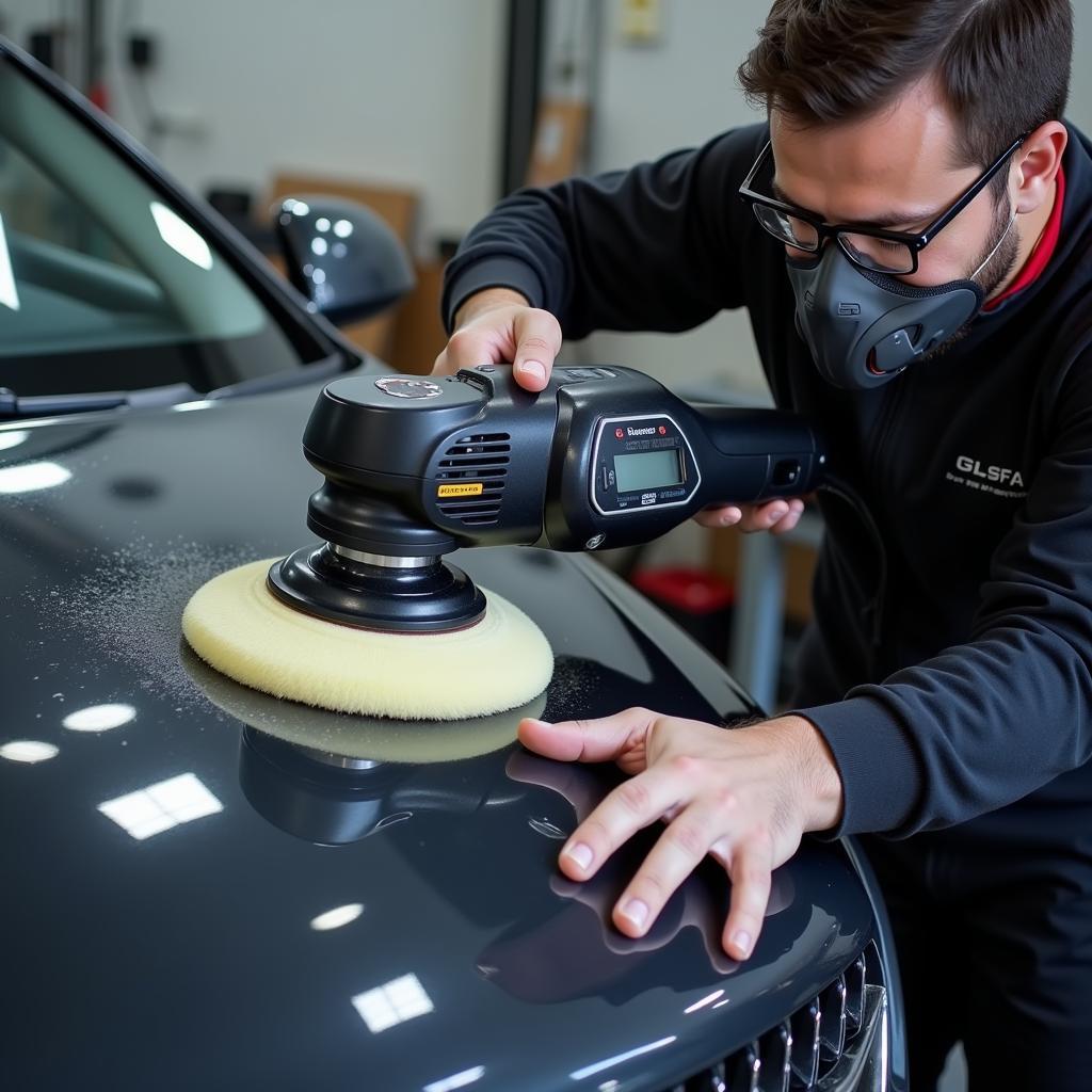 A detailer using an advanced polishing machine on a car's hood