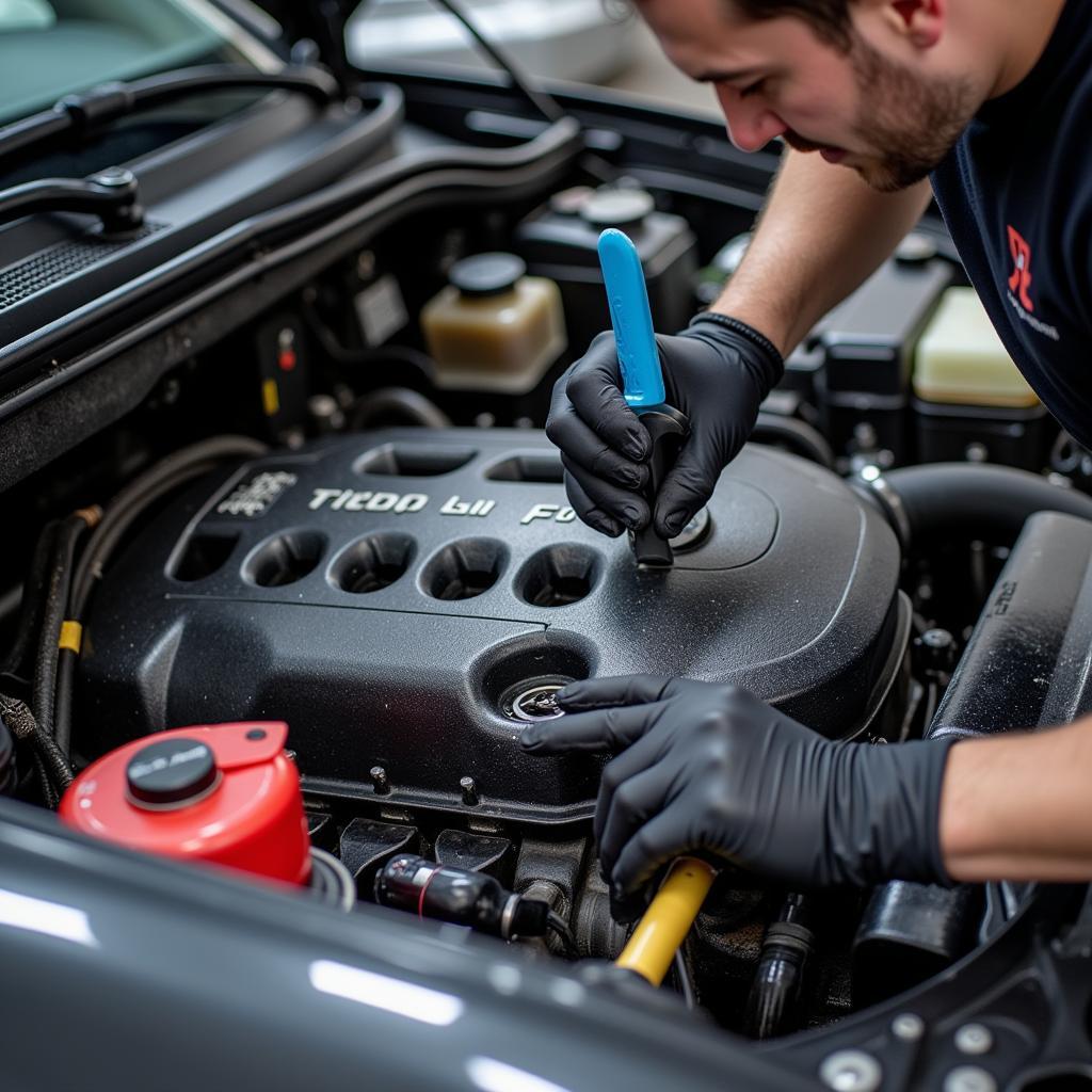 Detailer Working on Car Engine: The challenging aspects of engine detailing are shown as a detailer carefully cleans the engine bay.