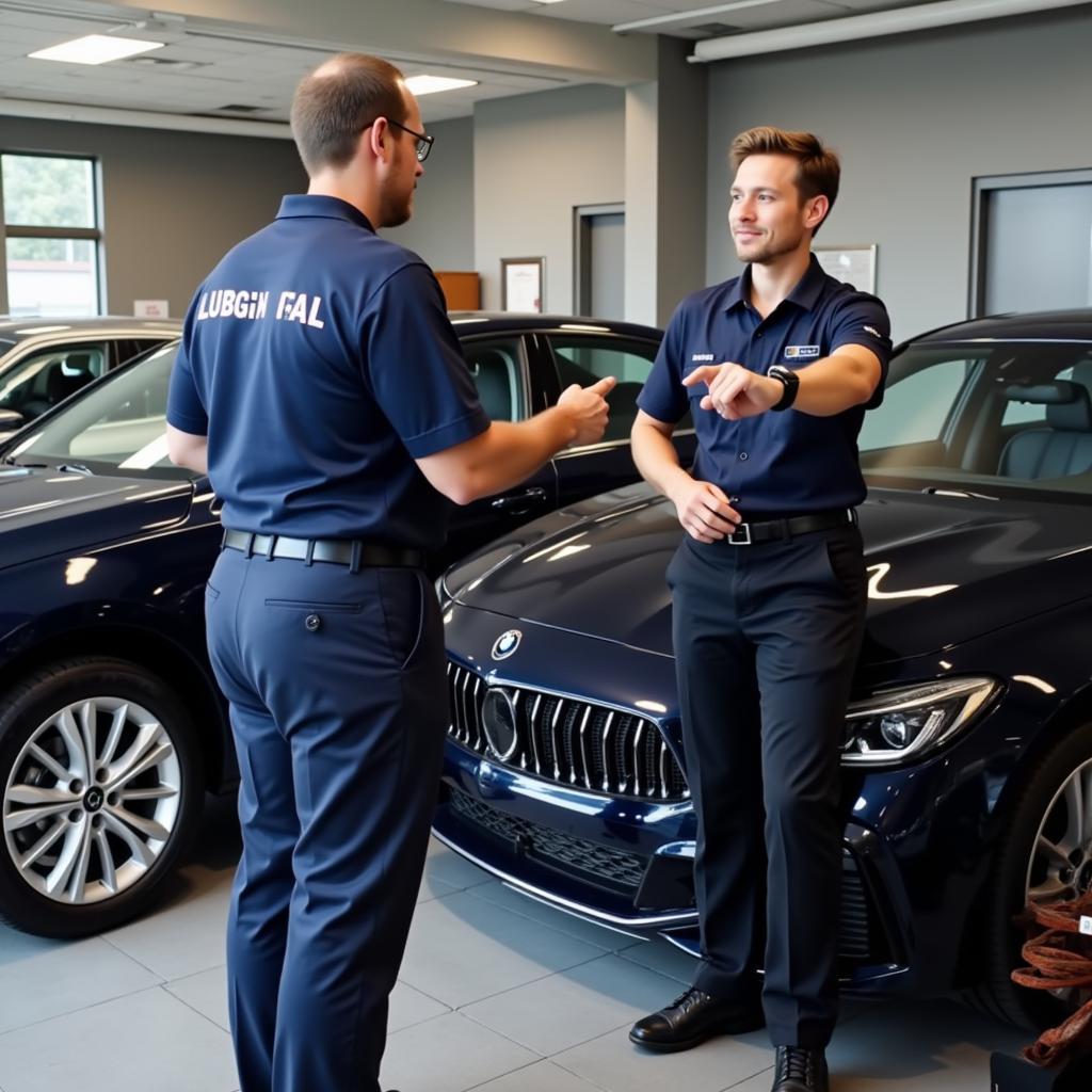 A detailing business owner discusses car care with a client