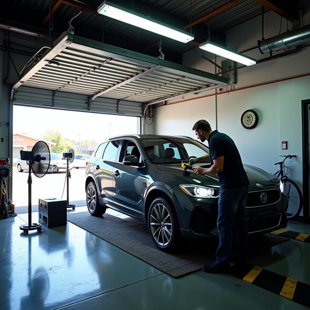 Detailing a car inside a storage unit with proper ventilation and equipment.