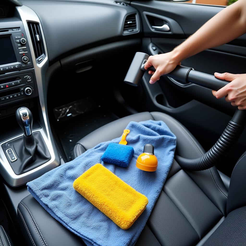 Detailing a car interior using specialized tools to remove dog hair and achieve a pristine finish.