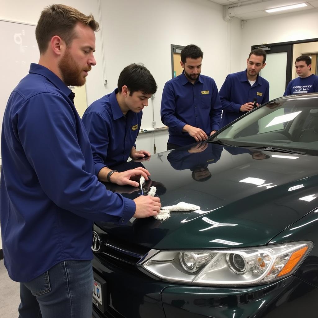 Students practicing car detailing techniques in a professional setting