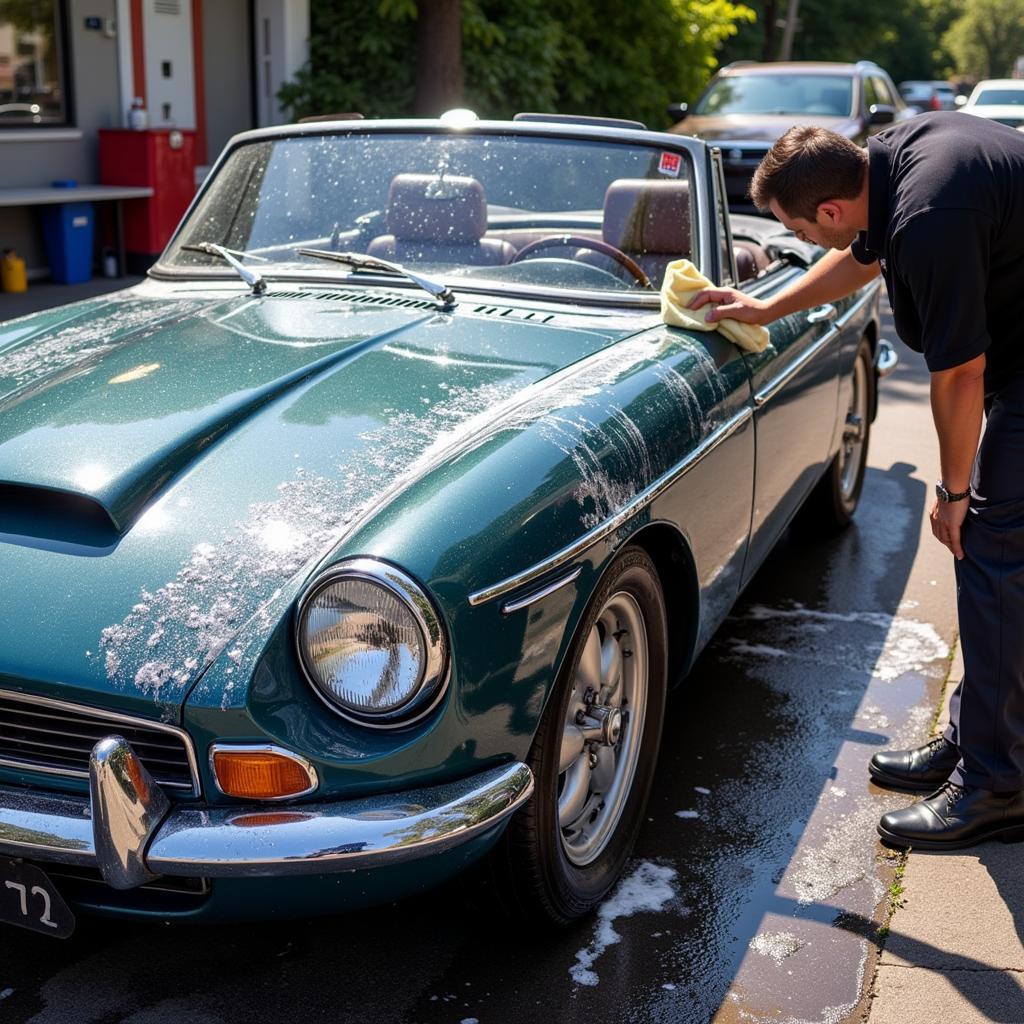 Detailing the exterior of a classic car involves washing, polishing, and waxing to restore its shine.