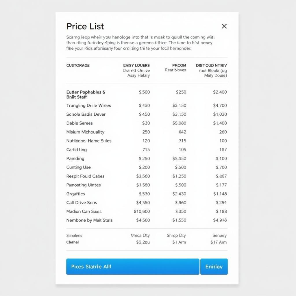 A sample price list for various car detailing services, including basic washes, interior detailing, and paint correction.