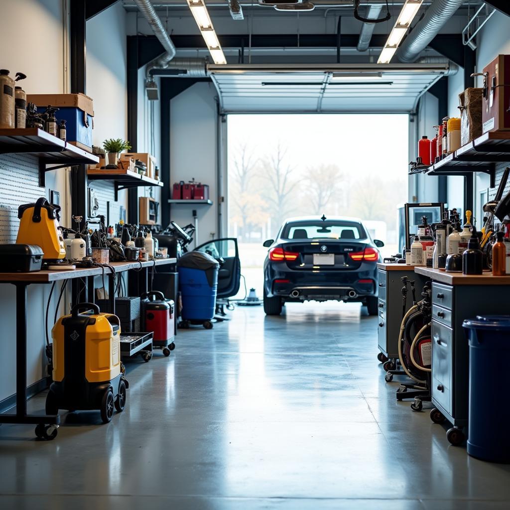 Professional Car Detailing Shop Interior with Equipment