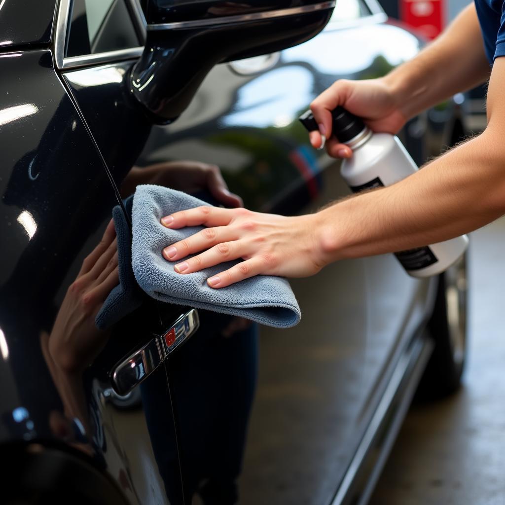 Applying Detailing Spray to a Black Car