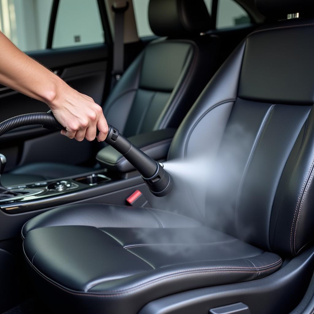 Detailing steamer being used on a car's interior