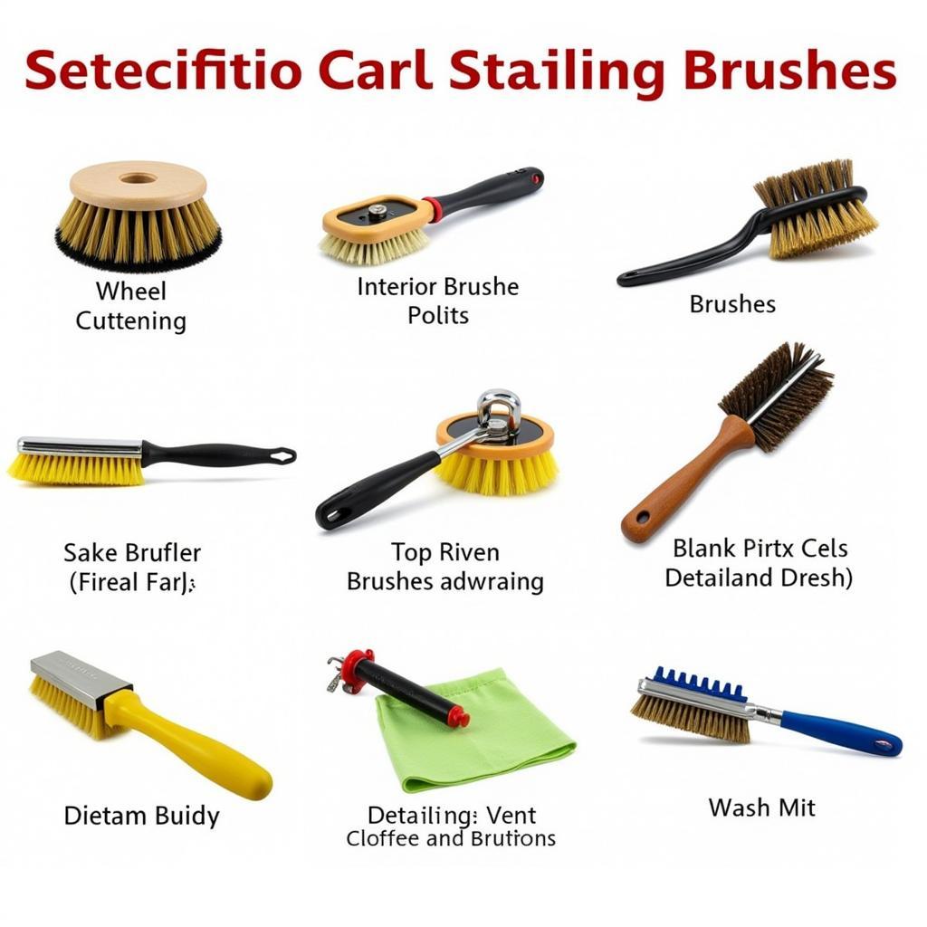 Various types of car detailing brushes for different purposes