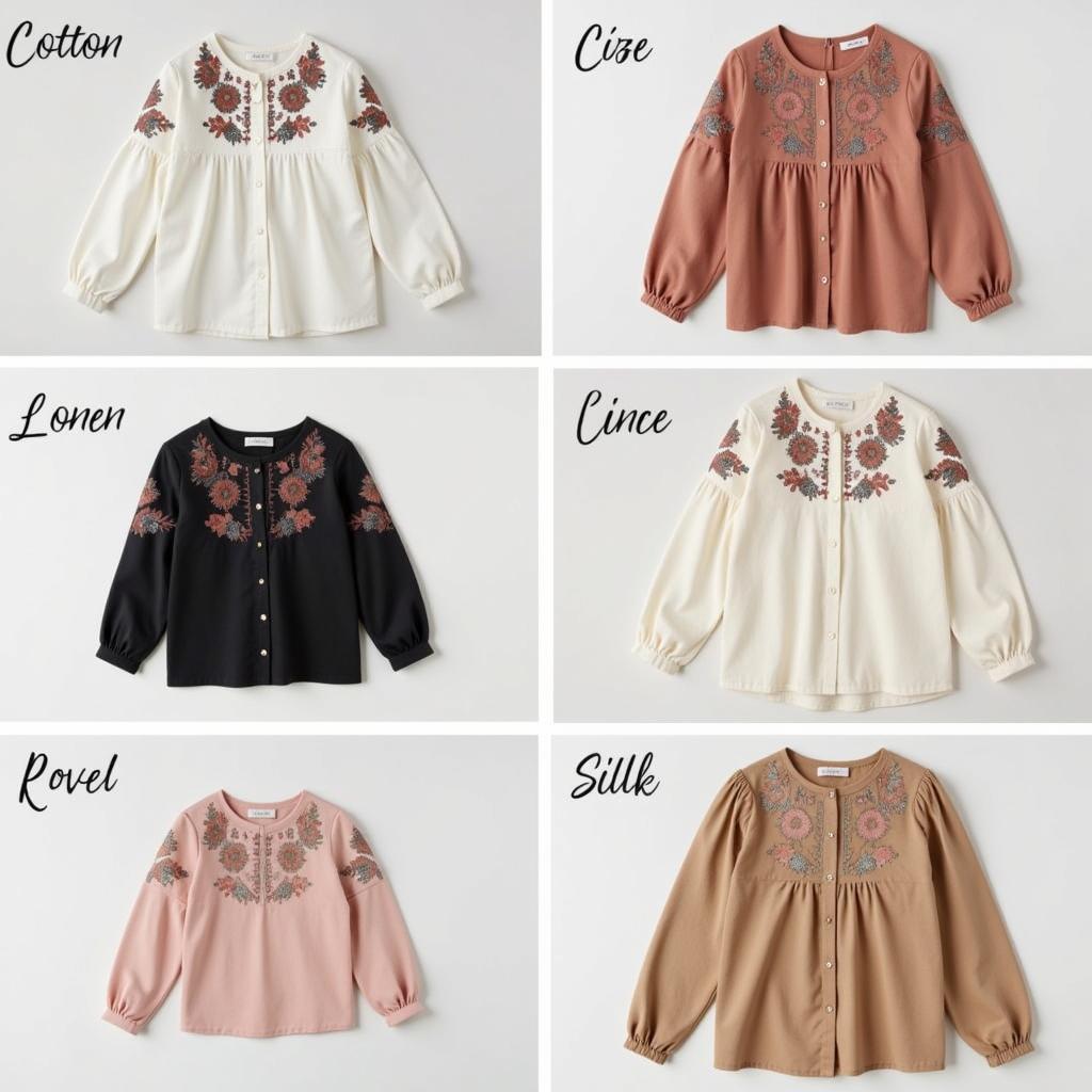 Caran embroidery detail tops in various fabrics like cotton, linen, silk, and rayon.