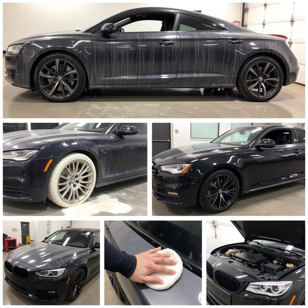 Various stages of professional car detailing process