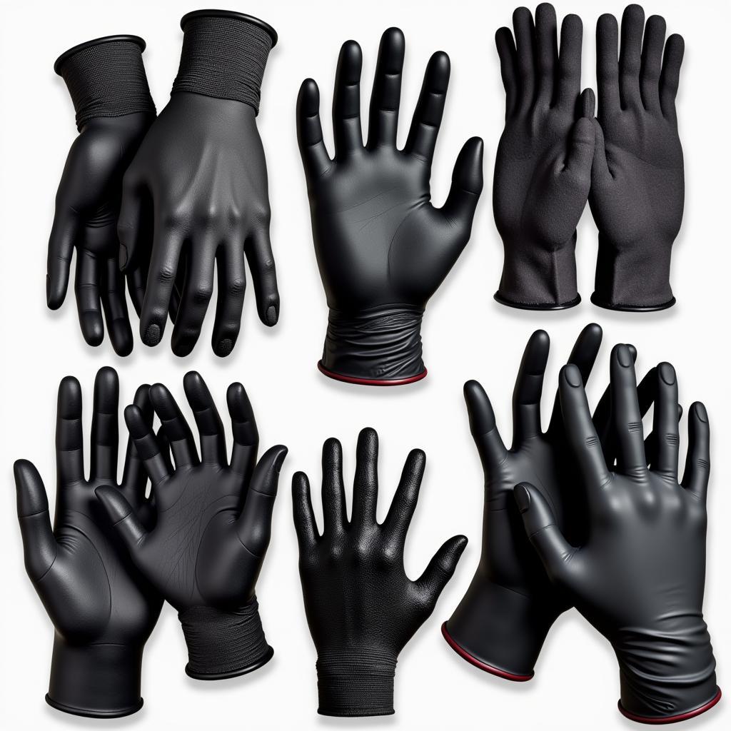 Various black detailing gloves showcasing different materials, thicknesses, and textures.