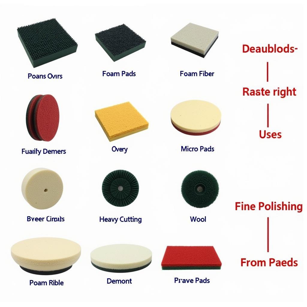 Various car detailing drill pads including foam, microfiber, and wool.