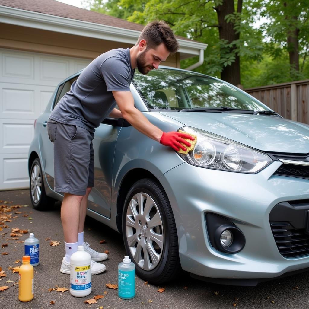 A person detailing their car at home using tips from a car detailing blog