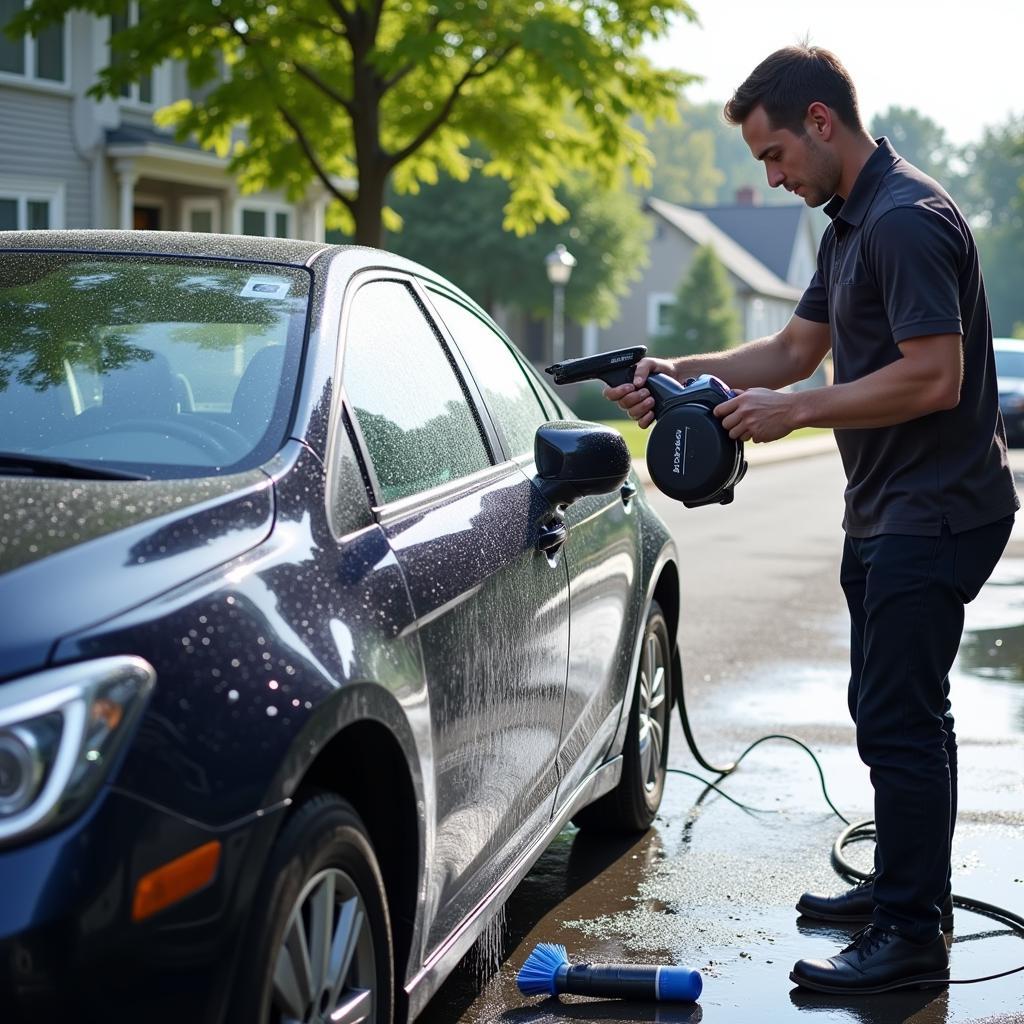 DIY Car Detailing Kent Ohio:  A person washing their car in their driveway in Kent, Ohio.