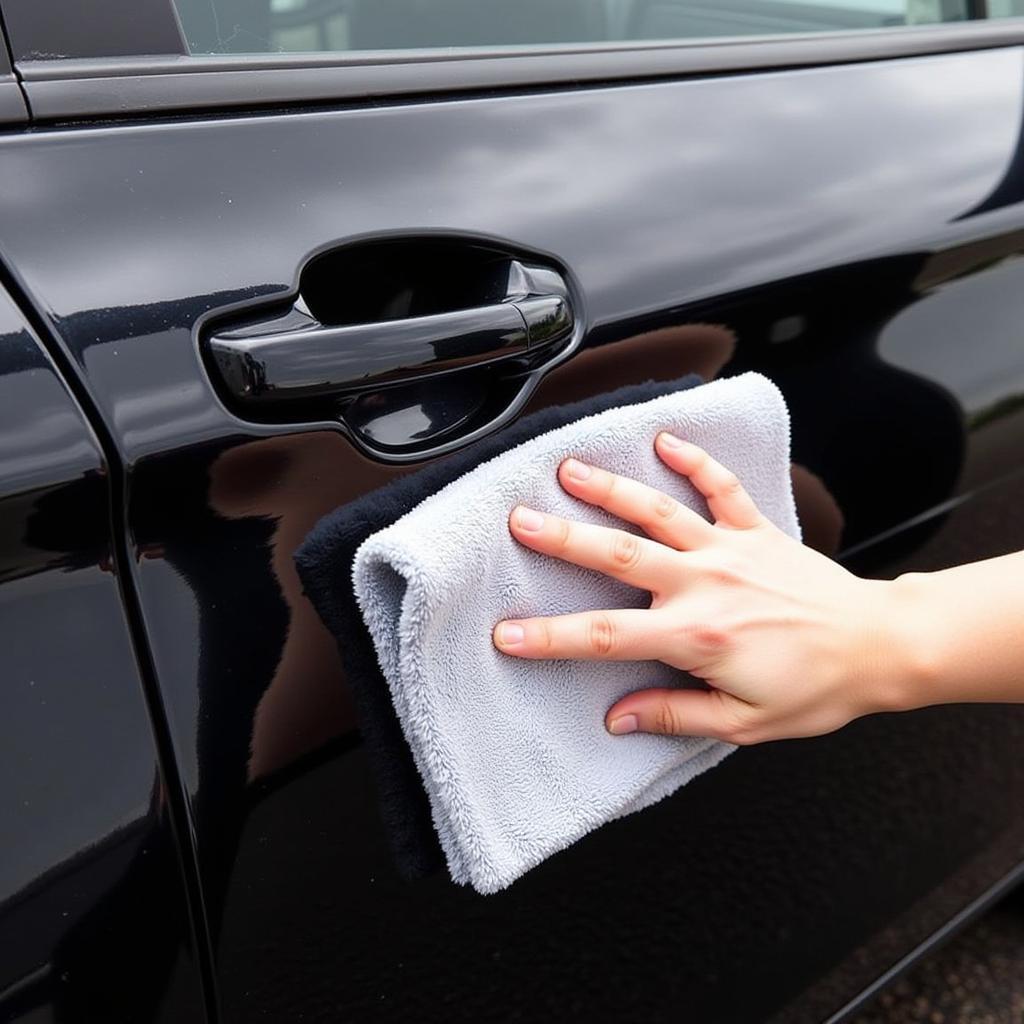 Drying a black car using a microfiber towel