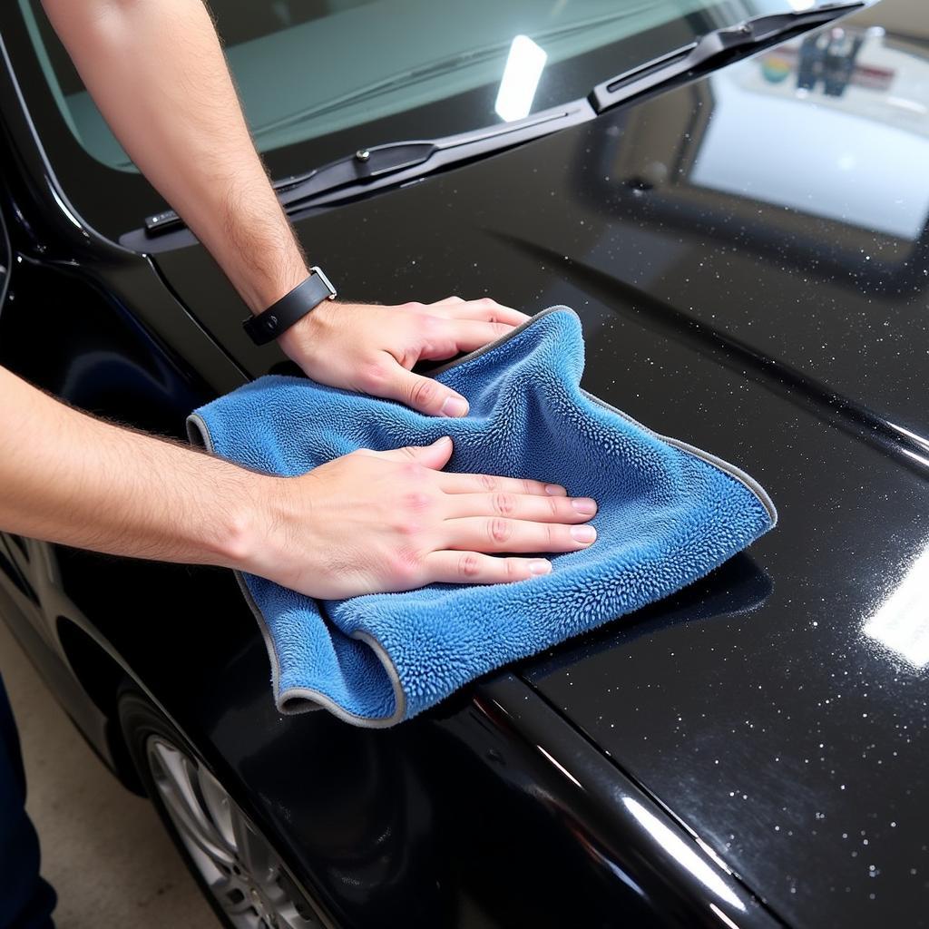 Drying Black Car with Microfiber Towel