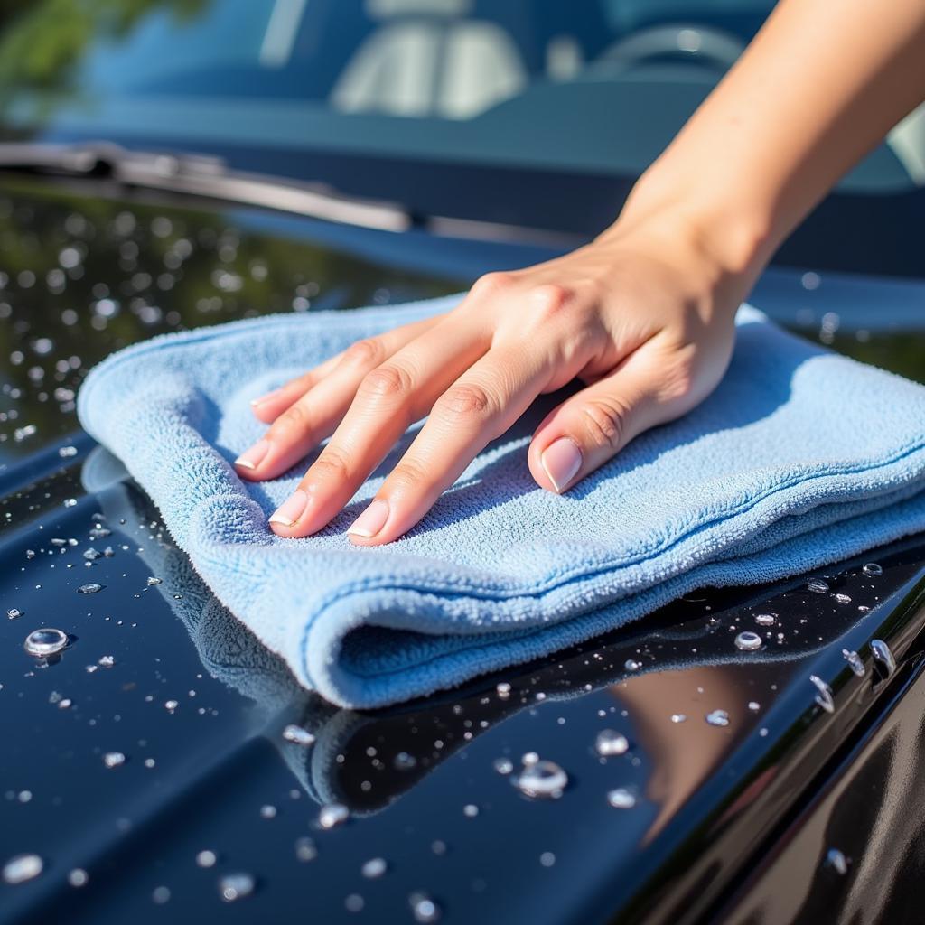 Drying a car with a microfiber towel after washing