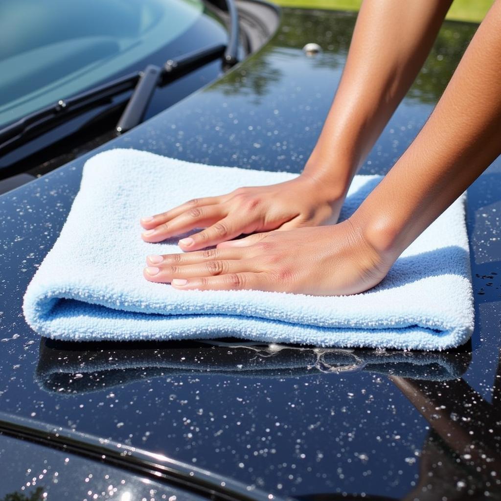 Drying a car with a large, absorbent microfiber towel