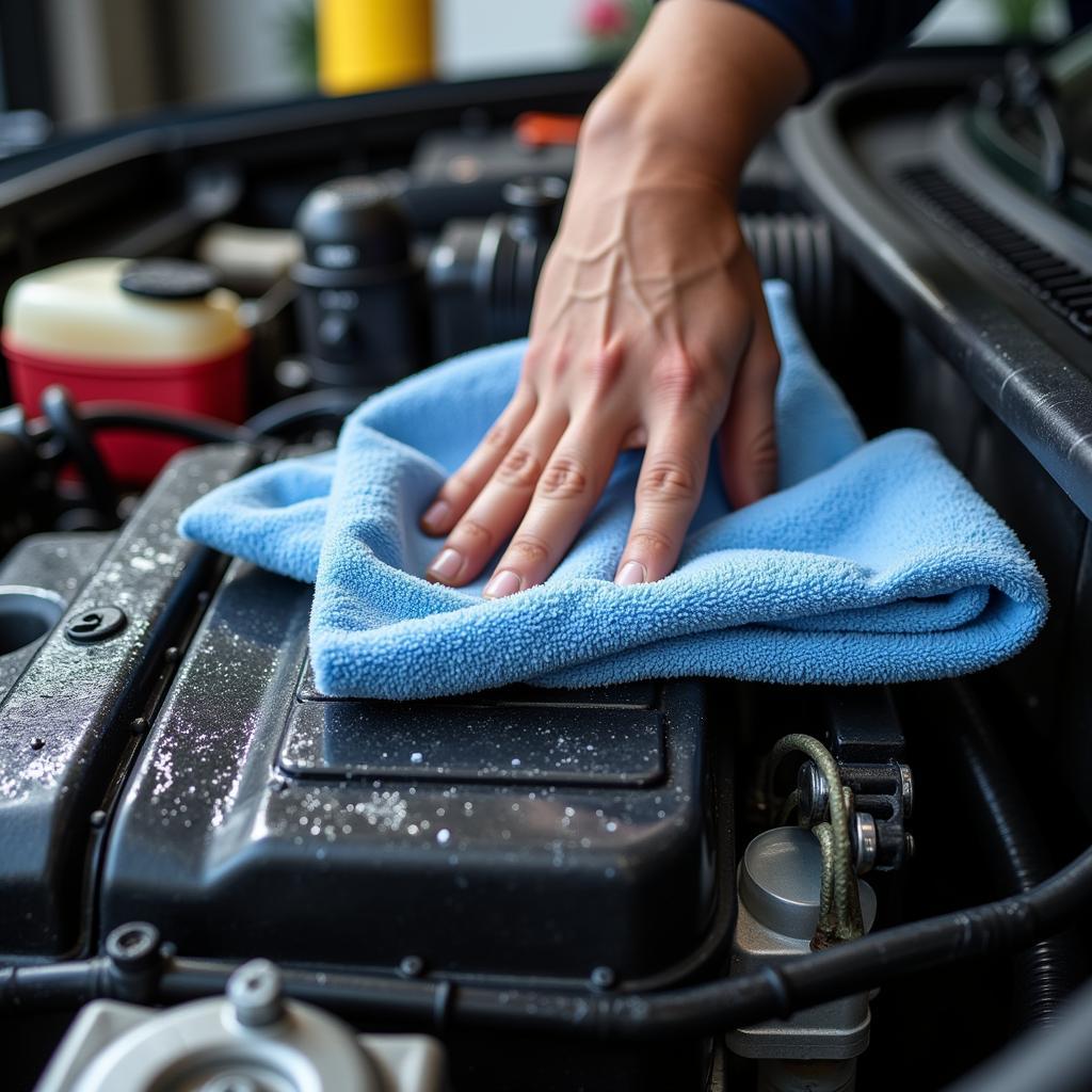 Drying the Car Engine Bay with Microfiber Towels