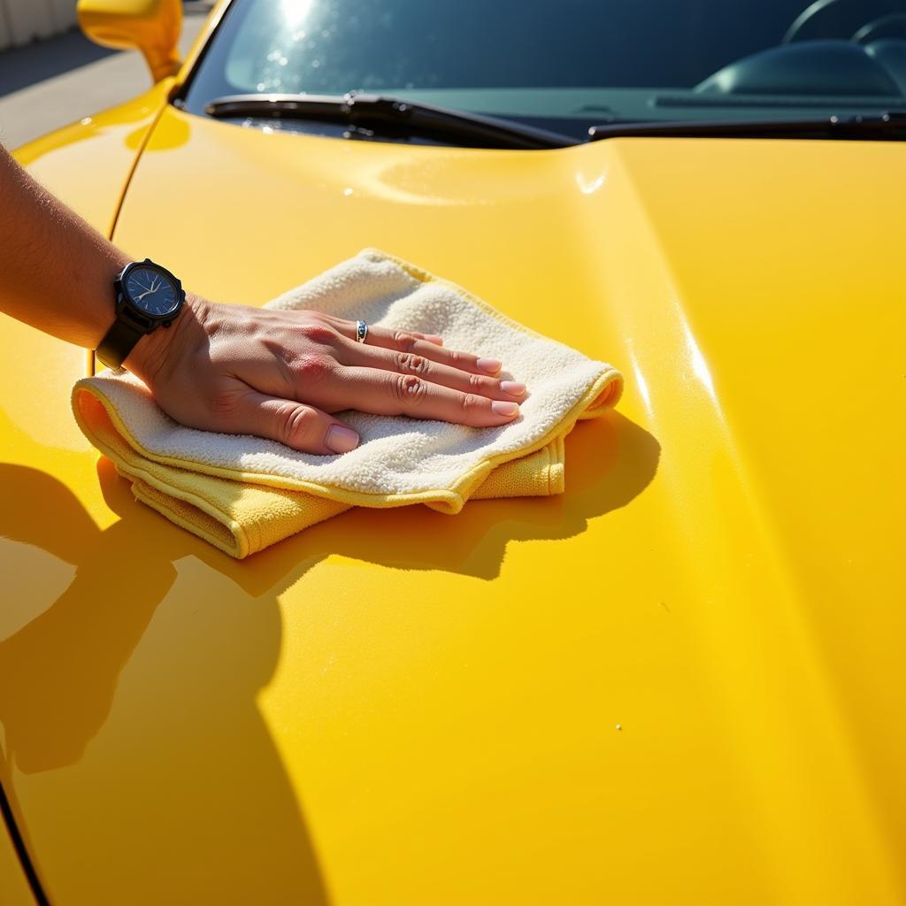 Drying a yellow sports car with a microfiber towel